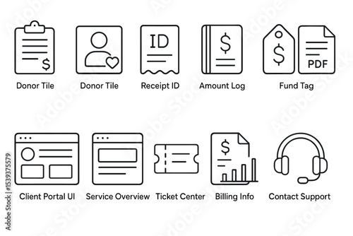 Donation and client management icons set