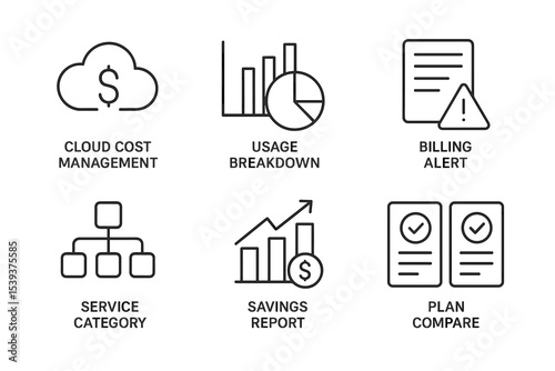 Cloud cost management icons: usage, billing, service, savings, plan
