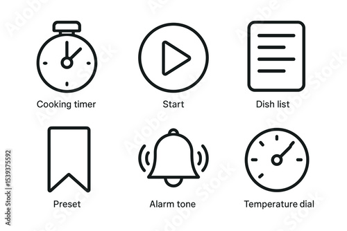 Kitchen icon set with timer, play button, dish list, bookmark, alarm, temperature dial