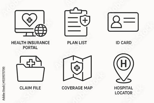 Health insurance icons: portal, plan list, id card, claim file, coverage map, hospital locator
