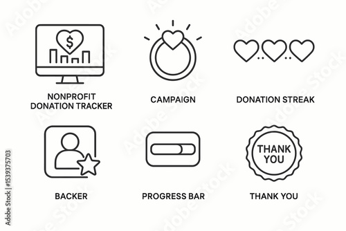 Nonprofit donation icons: campaign, streak, backer, progress, thank you