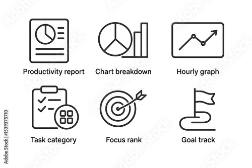 Business analytics icons: reports, charts, graphs, tasks, targets, goals