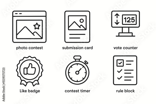 Icons for photo contest submission card vote counter badge timer rules checklist