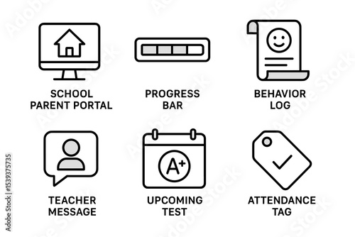 Educational icons: school parent portal, progress bar, behavior log, teacher message, upcoming test, attendance tag