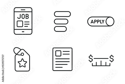 Job application icons: mobile, checklist, apply button, tag, resume, salary