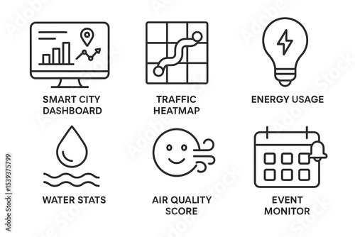 Smart city dashboard: data icons for traffic, energy, water, air quality, event monitoring