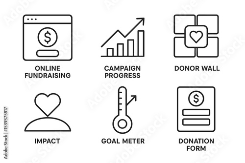 Online fundraising icons: campaign progress, donor wall, impact, goal meter, donation form