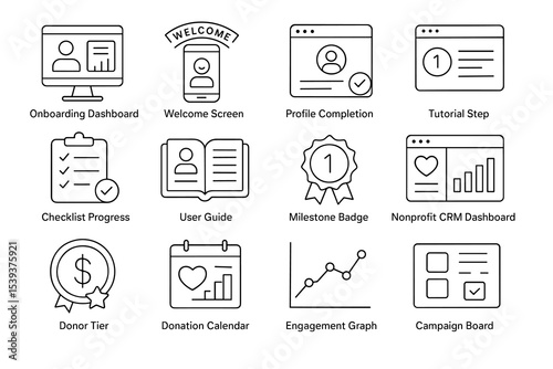 Icons of onboarding dashboard, welcome screen, and user guide for crm platforms