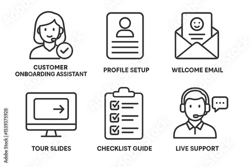 Customer support and onboarding icons: assistant, profile setup, welcome email, tour slides, checklist, live support