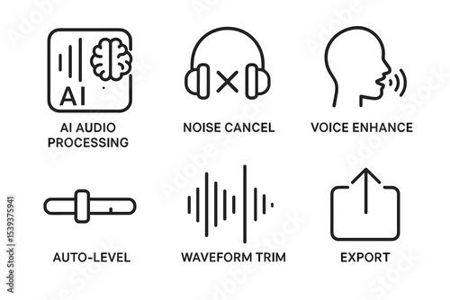 Audio technology icons for ai processing and sound enhancement features