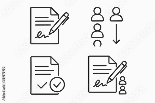 Contract signing and approval icon set for business workflow