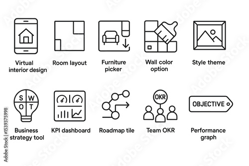 Virtual interior design tools and business strategy icons collection