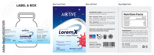 Modern Active Immune System Professional Product packaging Label and Box Design for Immune Support Supplement with Clear Composition.