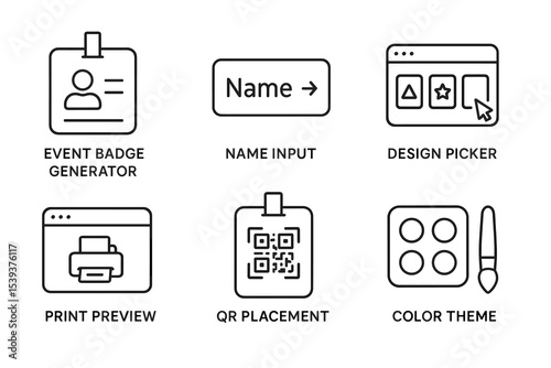 Event badge and design tools icon set for efficient management