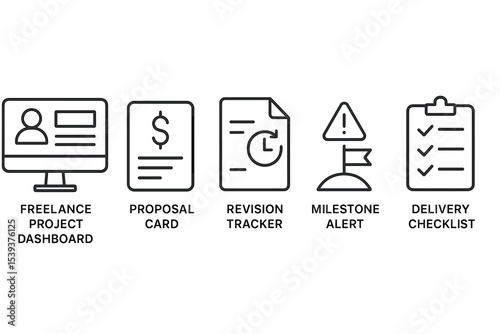 Icons for freelance project management: dashboard, proposal, revision, milestone, checklist