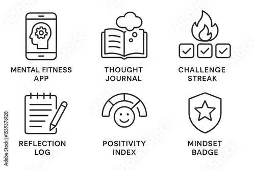 Mental wellness icons: fitness app, thought journal, challenge streak, reflection log, positivity index, mindset badge