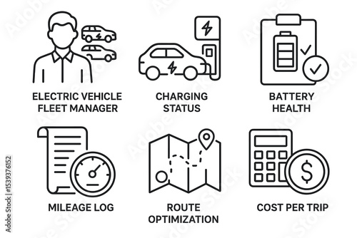 Electric vehicle management icons: fleet, charging, battery, mileage, route, cost