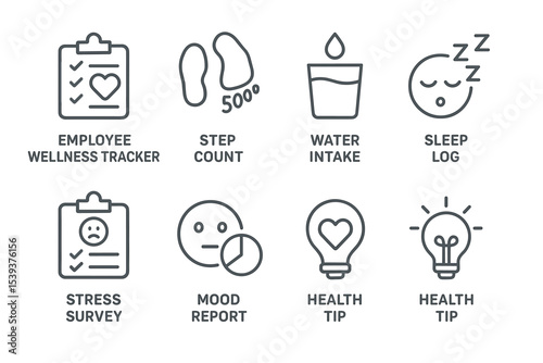 Health and wellness icons: employee tracker, step count, water intake, sleep log, stress survey, mood report, health tips