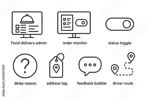 Food delivery interface icons: admin, monitor, toggle, delay, address, feedback, route
