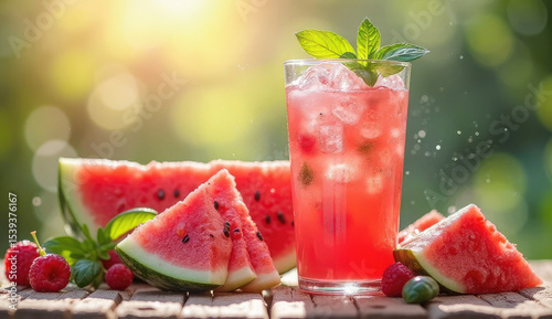 Wallpaper Mural Refreshing Watermelon Drink with Slices on a Wooden Table Torontodigital.ca