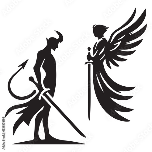 Angel Versus Demon Silhouette Vector Illustration with Swords and Wings