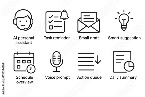 Ai assistant features: task reminder, email draft, smart suggestions, schedule, voice prompts, actions, summary