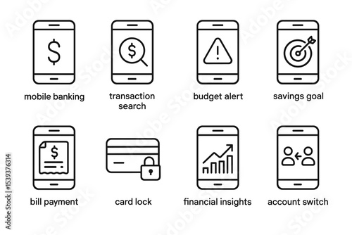 Mobile banking icons collection: transaction, budget, savings, payment, security, insights