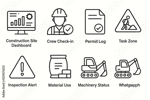 Construction management icons set: dashboard, crew, permit, task, inspection