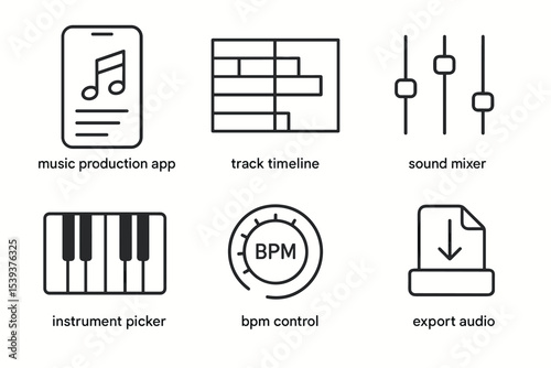 Music production app icons: track timeline, sound mixer, instrument picker, bpm control, export audio