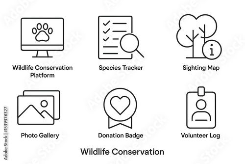 Wildlife conservation icons: platform, tracking, mapping, and volunteer tools