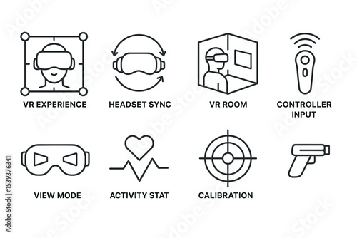Virtual reality icons set featuring headset sync, vr room, and controller input
