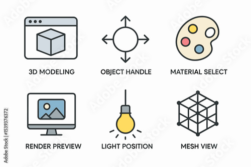 3d modeling tools icons: object handle, material select, render preview, light position, mesh view