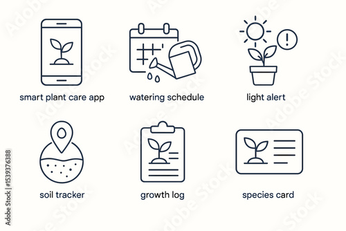Smart plant care app features: watering schedule, light alert, soil tracker, growth log, species card