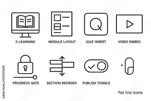 E-learning interface icons: layout, quiz, video, progress, reorder, publish