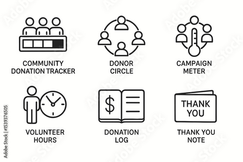 Icon set representing donation tracker and volunteer activities