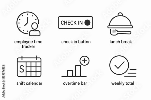 Workplace icons: time tracker, check-in, lunch, shift calendar, overtime, weekly total