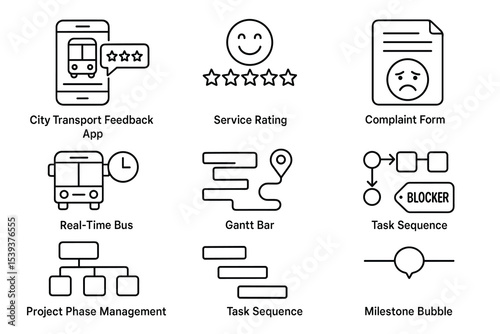 City transport feedback and management icons: real-time bus, service rating, and task sequence