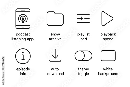 Icons for podcast app features: episode info, auto-download, theme toggle, playback speed