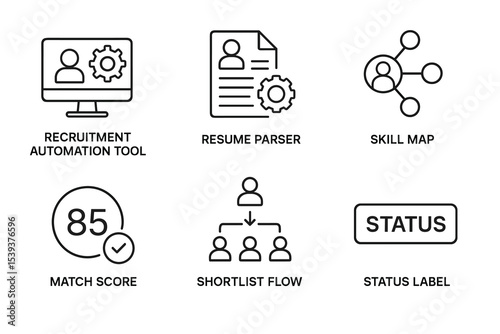 Hr software icons: recruitment automation, resume parser, skill map, match score, shortlist flow, status label