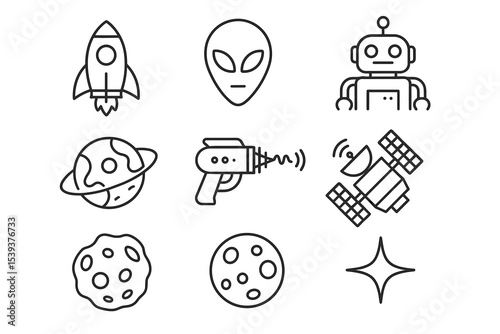 Space exploration icons: spaceship, alien, robot, planet, ray gun, satellite, asteroid, star