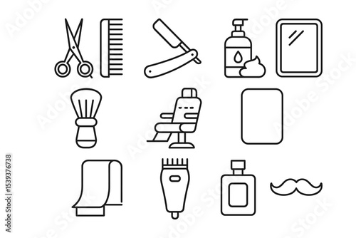 Barber shop tools: scissors, razor, comb, chair, shaving products, mustache icon