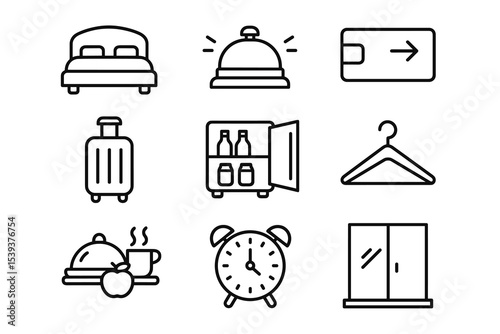 Hotel icon set: bed, bell, keycard, luggage, mini bar, hanger, room service, alarm clock, window