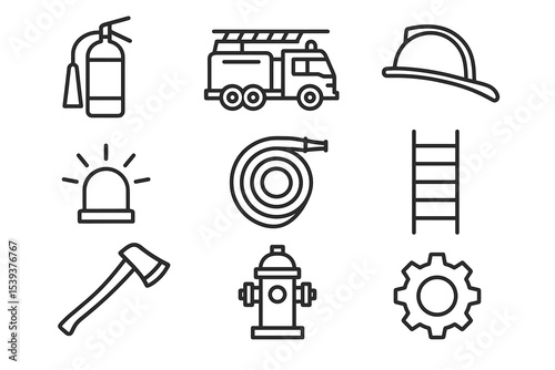 Firefighting equipment icons set: extinguisher, truck, helmet, ladder, hydrant