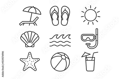 Summer beach icons collection: umbrella, flip flops, shell, starfish, snorkel, beach ball, drink