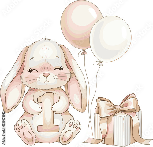 Cute watercolor Bunny holding a number one with gift box and balloons. Illustration of little Rabbit for first birthday decorations or baby monthly Milestone greeting cards in beige pastel colors.