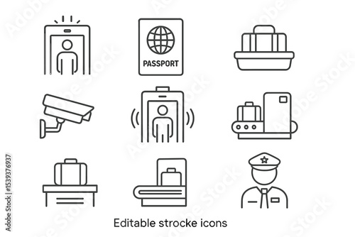 Airport security icons: scanner, passport, luggage, surveillance, officer
