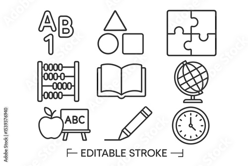 Educational icons set with abacus, globe, puzzle, and more