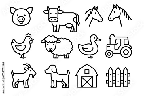 Farm animal and equipment outline icons: pig, cow, horse, chicken, sheep, duck, tractor, barn, fence