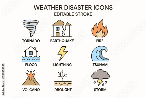 Weather disaster icons set: tornado, earthquake, fire, flood, lightning, tsunami, volcano, drought, storm