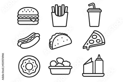 Vector icon set of popular fast food items with hamburger, pizza, and drinks
